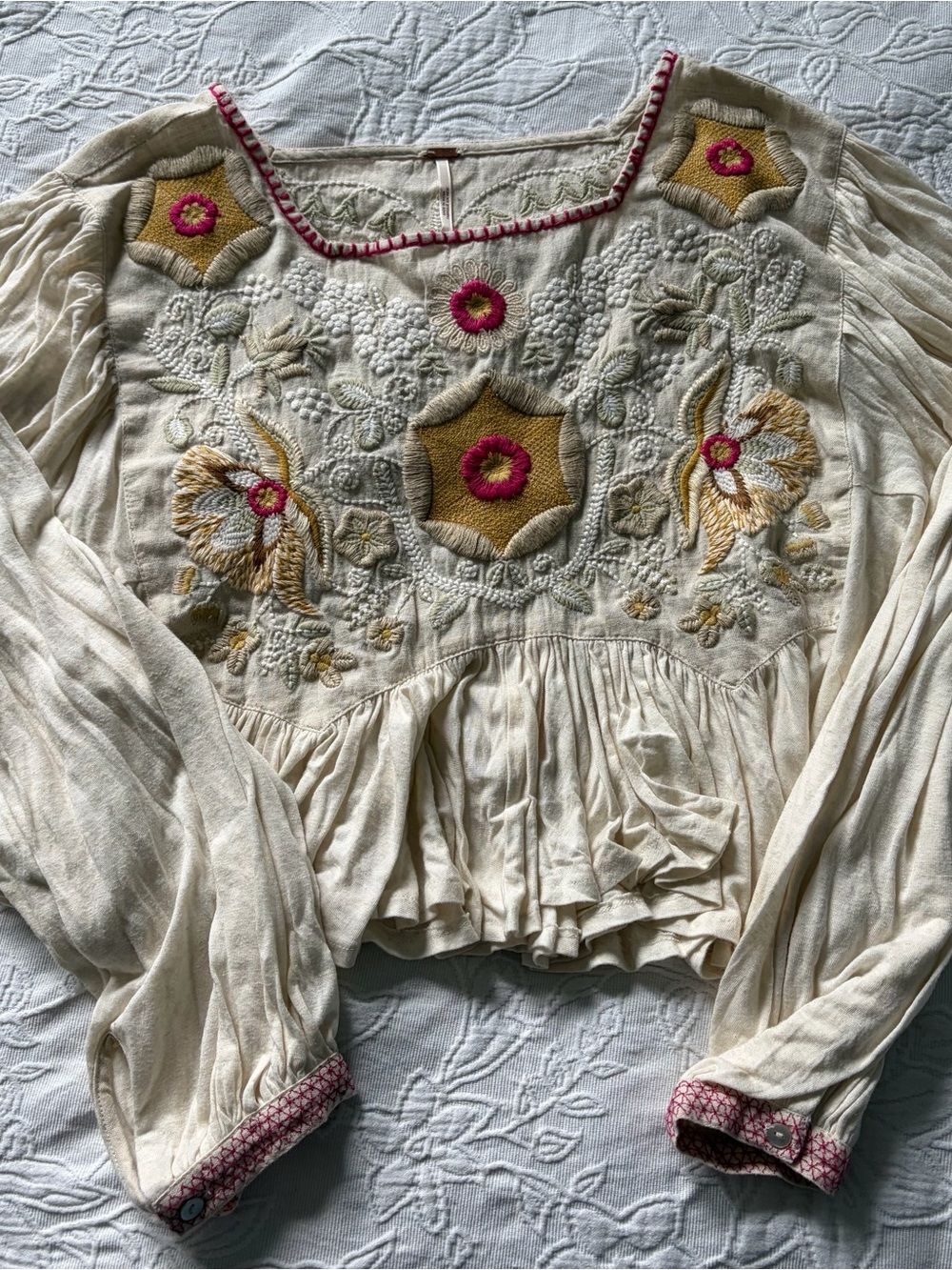 Free People Cream Embroidered Peasant Blouse with Pink Accents small women’s